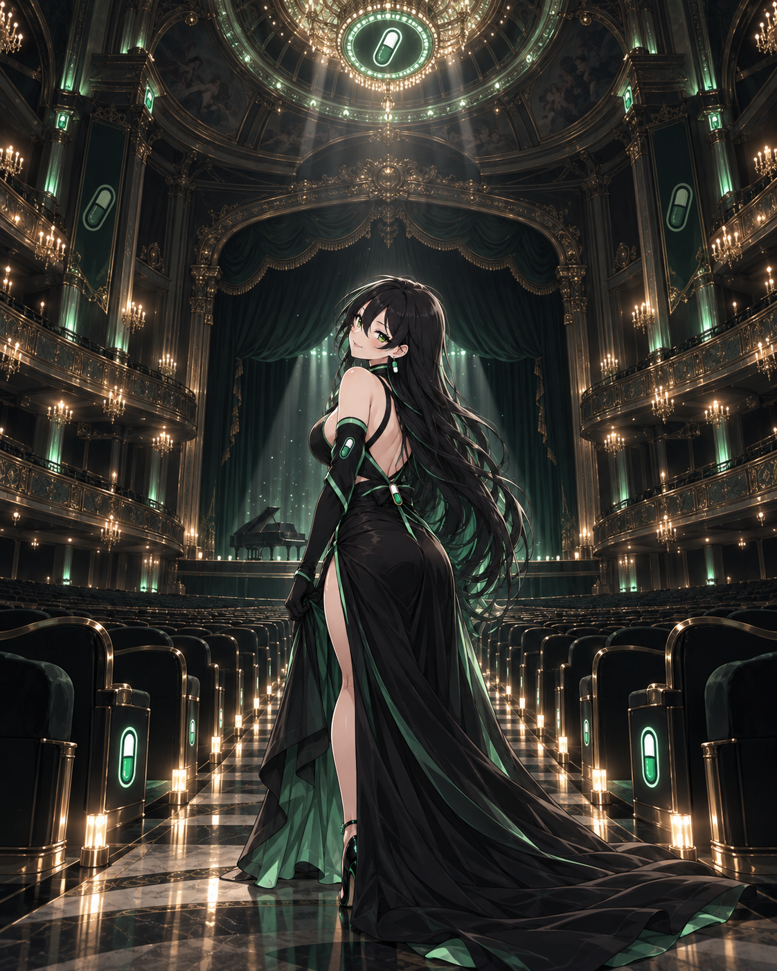 Pumpfun-Chan in an ornate capsule-themed opera house
