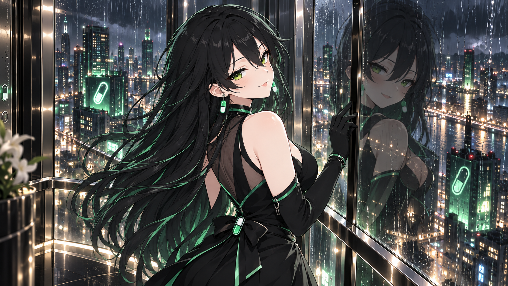 Pumpfun-Chan reflected in glass above a rain-lit city