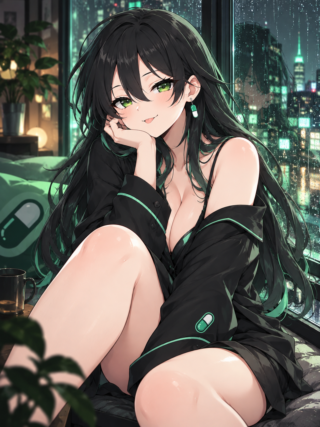 Pumpfun-Chan relaxing by a rainy window with city lights behind