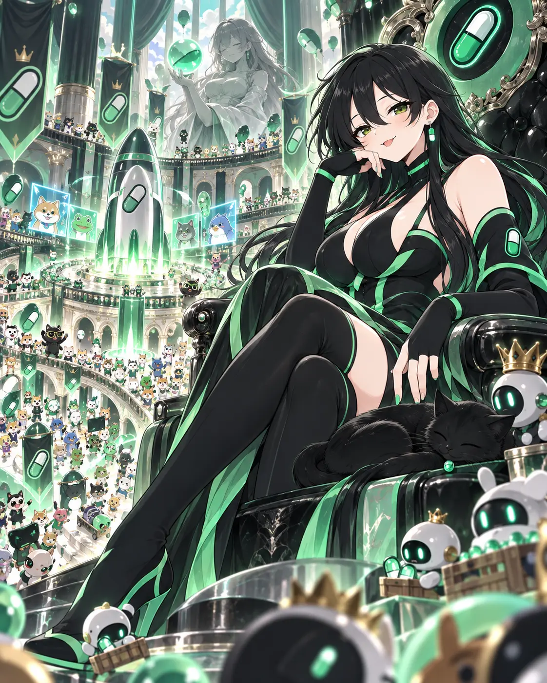 Pumpfun-Chan seated above a grand hall of capsule mascots