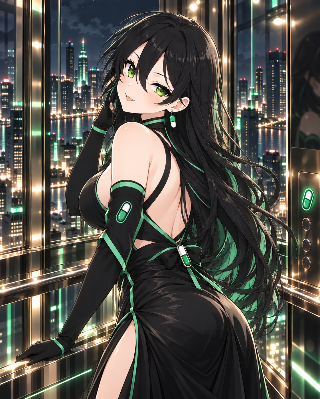 Pumpfun-Chan inside a glass elevator overlooking a glittering city