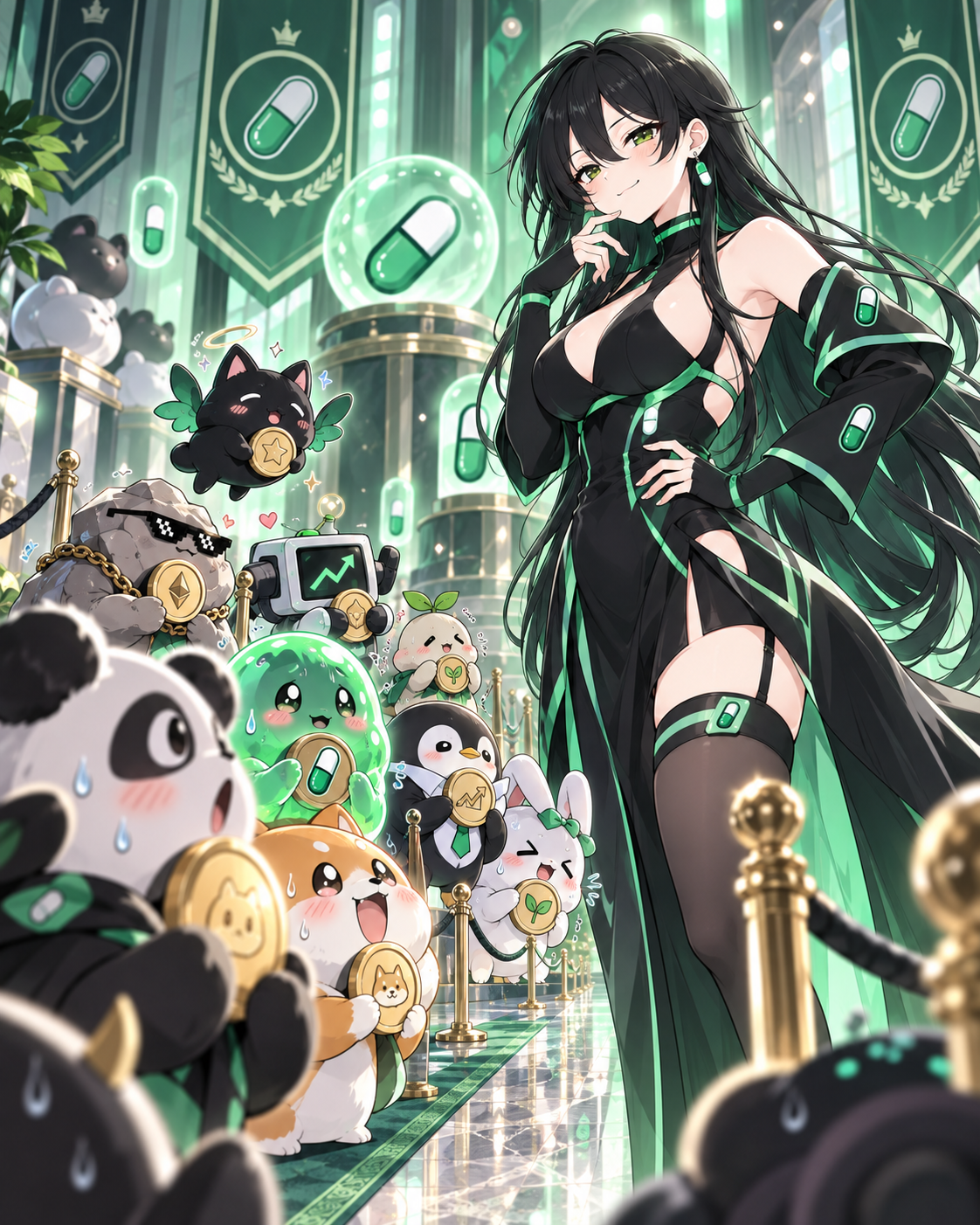 Pumpfun-Chan greeting capsule mascots along a velvet rope