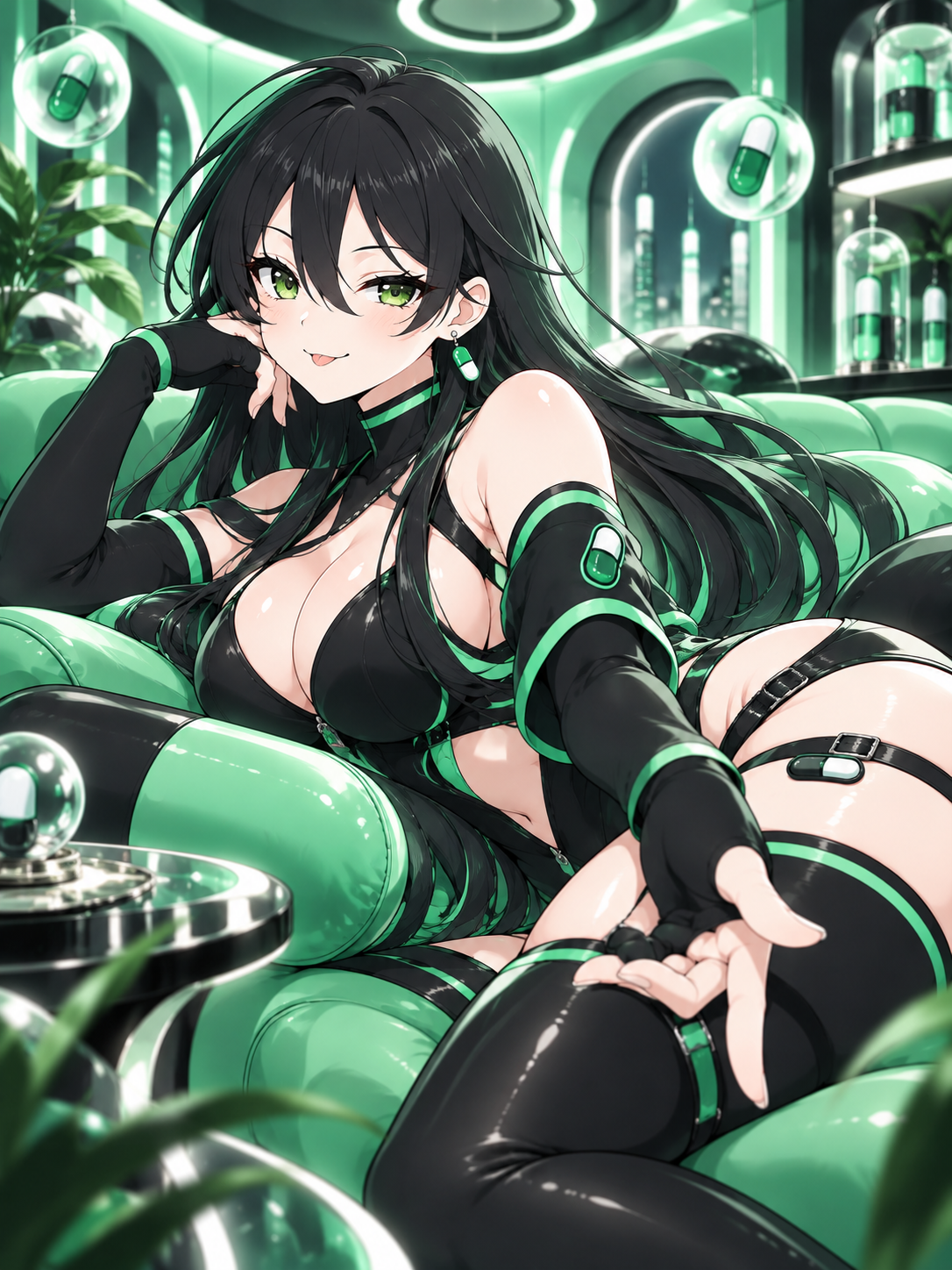 Pumpfun-Chan lounging in a mint-lit capsule bar