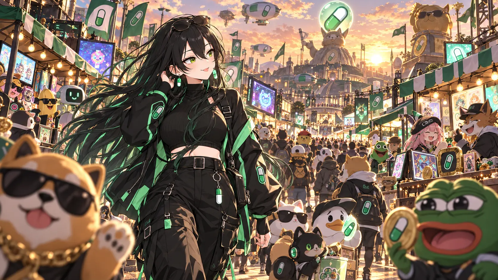 Pumpfun-Chan walking through a golden capsule festival with mascot friends