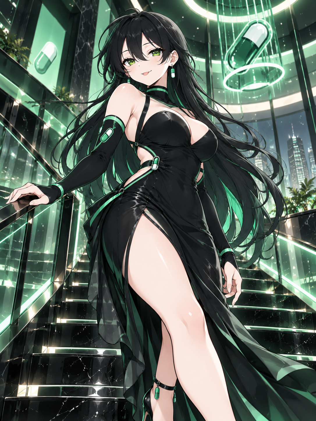 Pumpfun-Chan descending a marble staircase in a capsule-lit tower