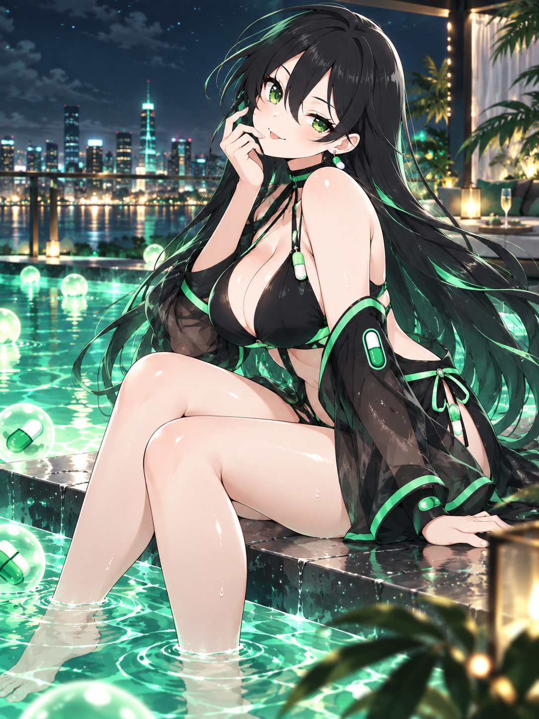 Pumpfun-Chan resting by a glowing rooftop pool at night