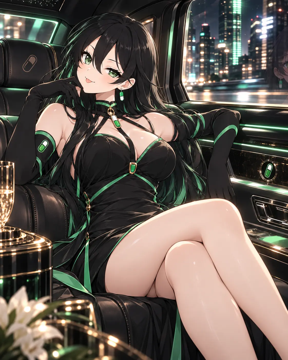 Pumpfun-Chan riding through a neon city in a luxury car