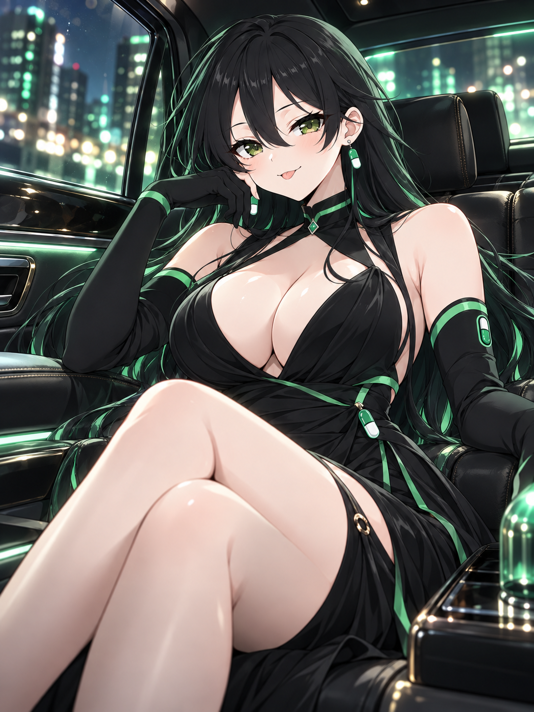 Pumpfun-Chan reclining in the back seat of a luxury car at night