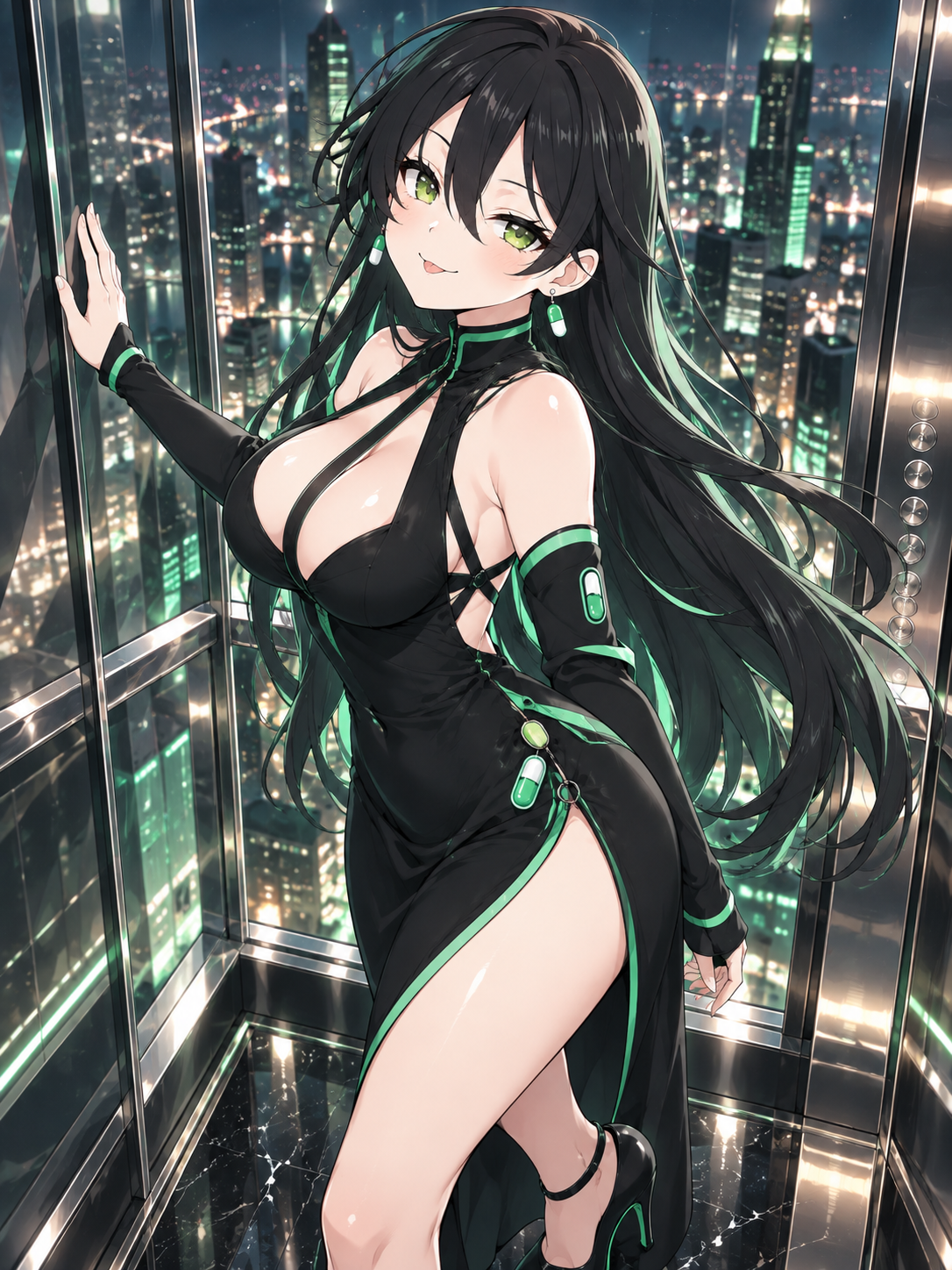 Pumpfun-Chan in a glass elevator above a glittering skyline