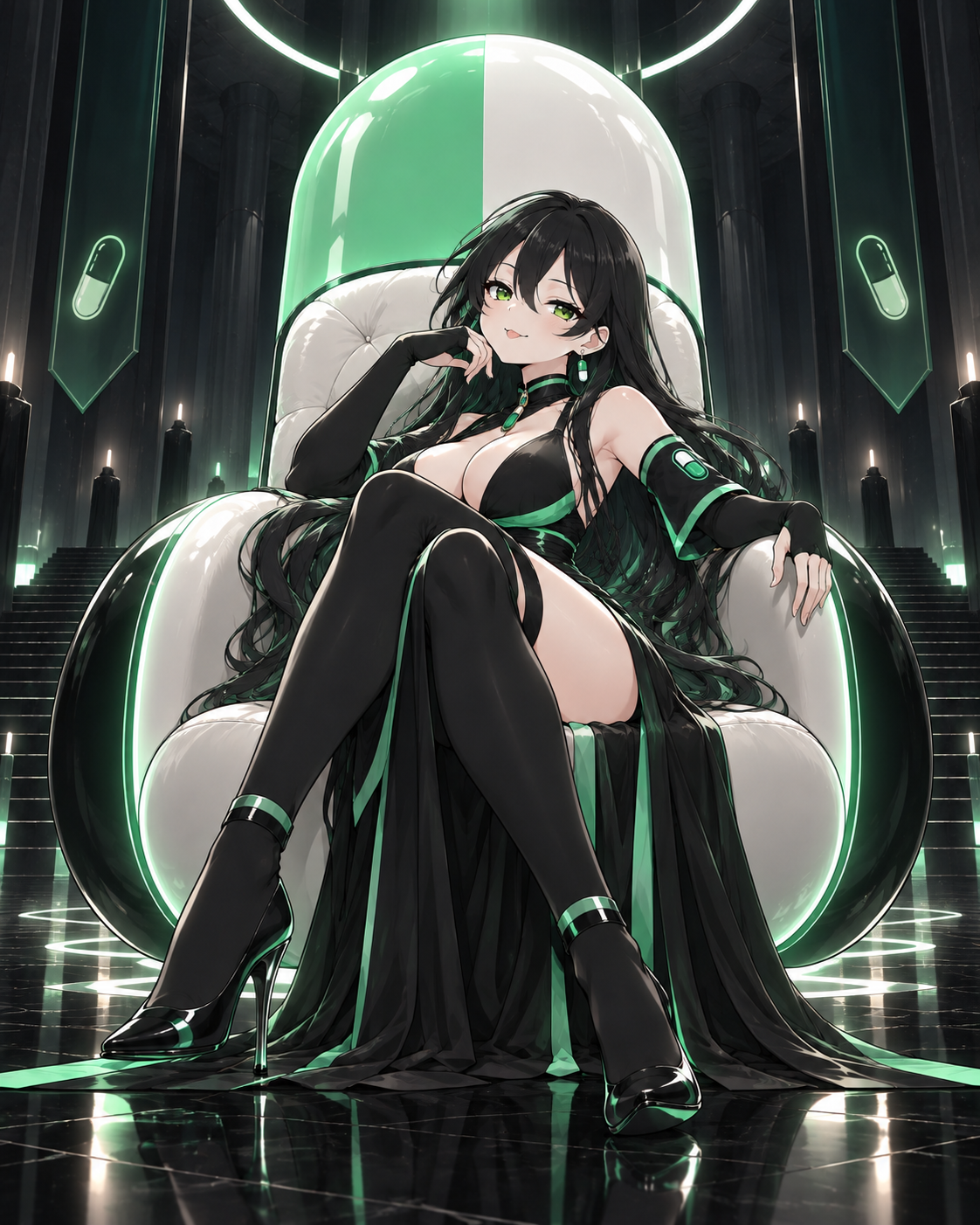 Pumpfun-Chan seated on a capsule throne in a ceremonial hall