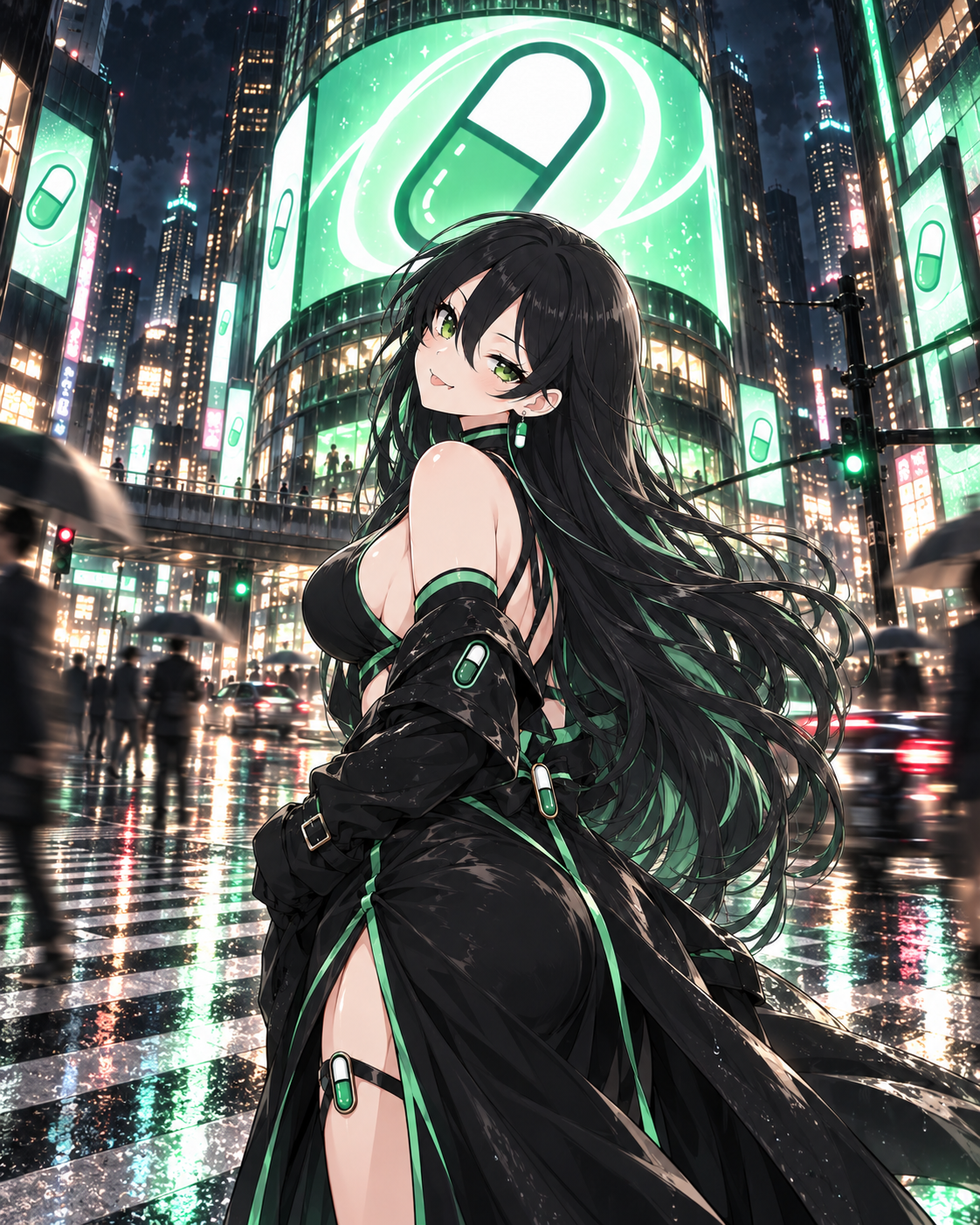 Pumpfun-Chan standing beneath capsule billboards in a rain-lit city