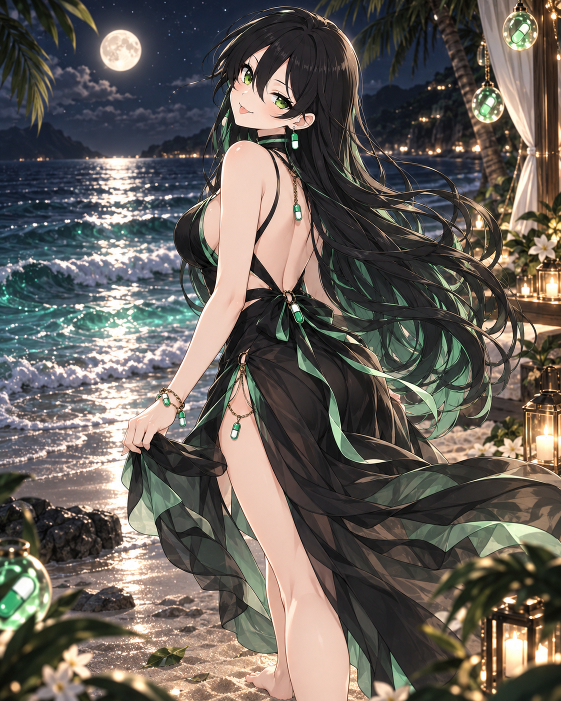 Pumpfun-Chan walking along a moonlit tropical shore
