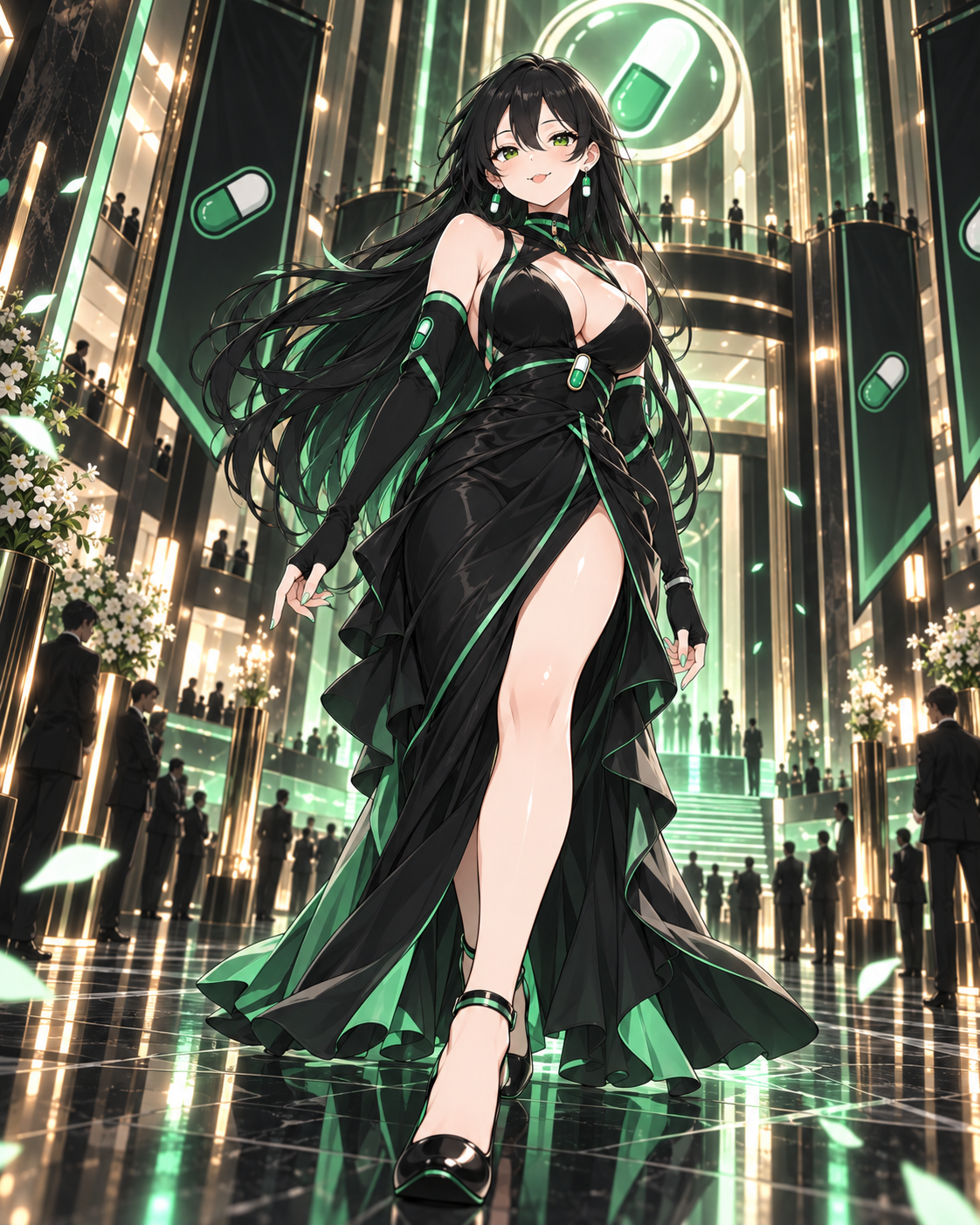 Pumpfun-Chan entering a grand capsule-branded atrium