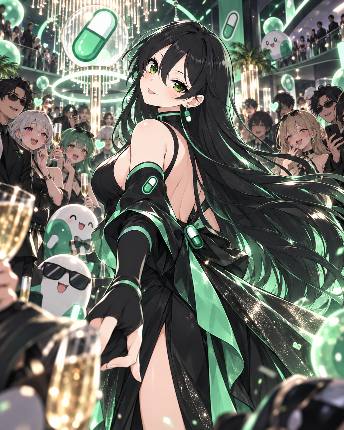 Pumpfun-Chan arriving at a crowded mint-green celebration