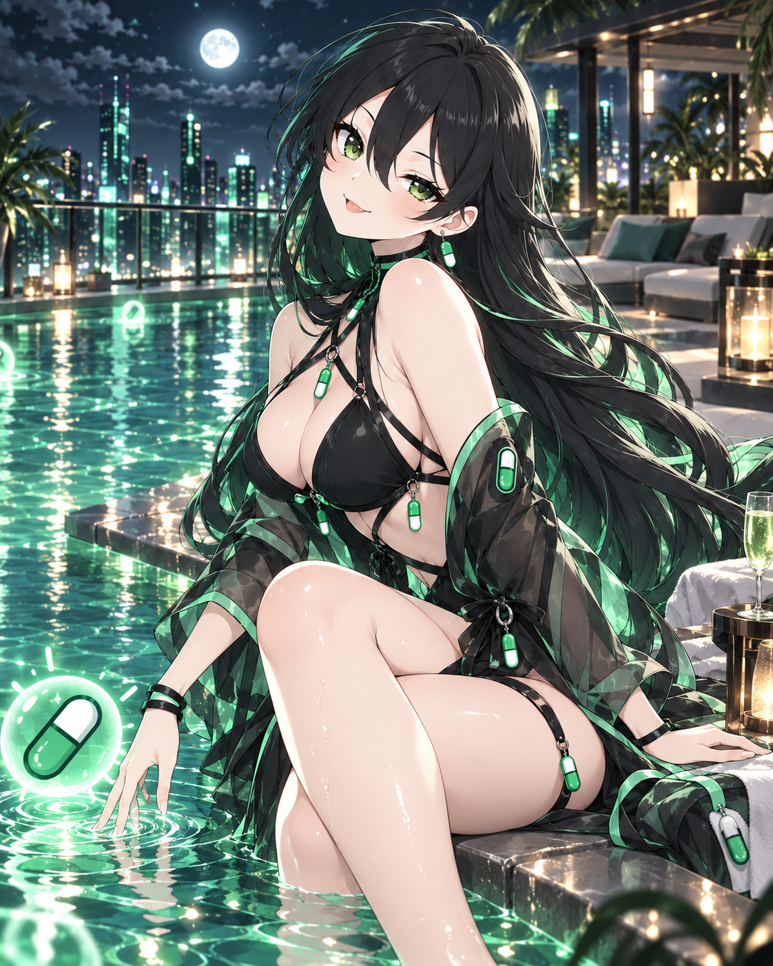 Pumpfun-Chan relaxing beside a luminous rooftop pool