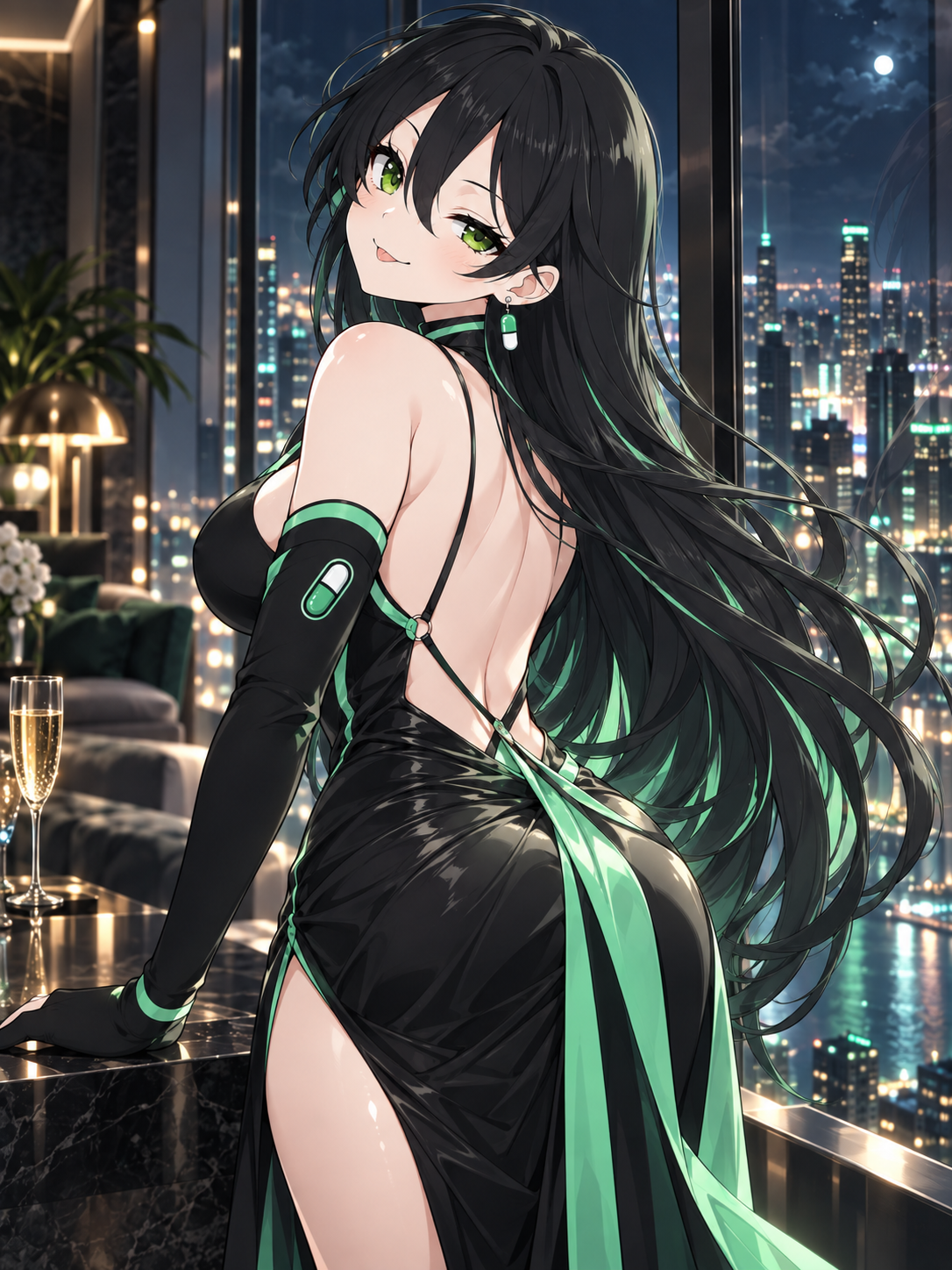 Pumpfun-Chan in an open-back gown overlooking a moonlit skyline