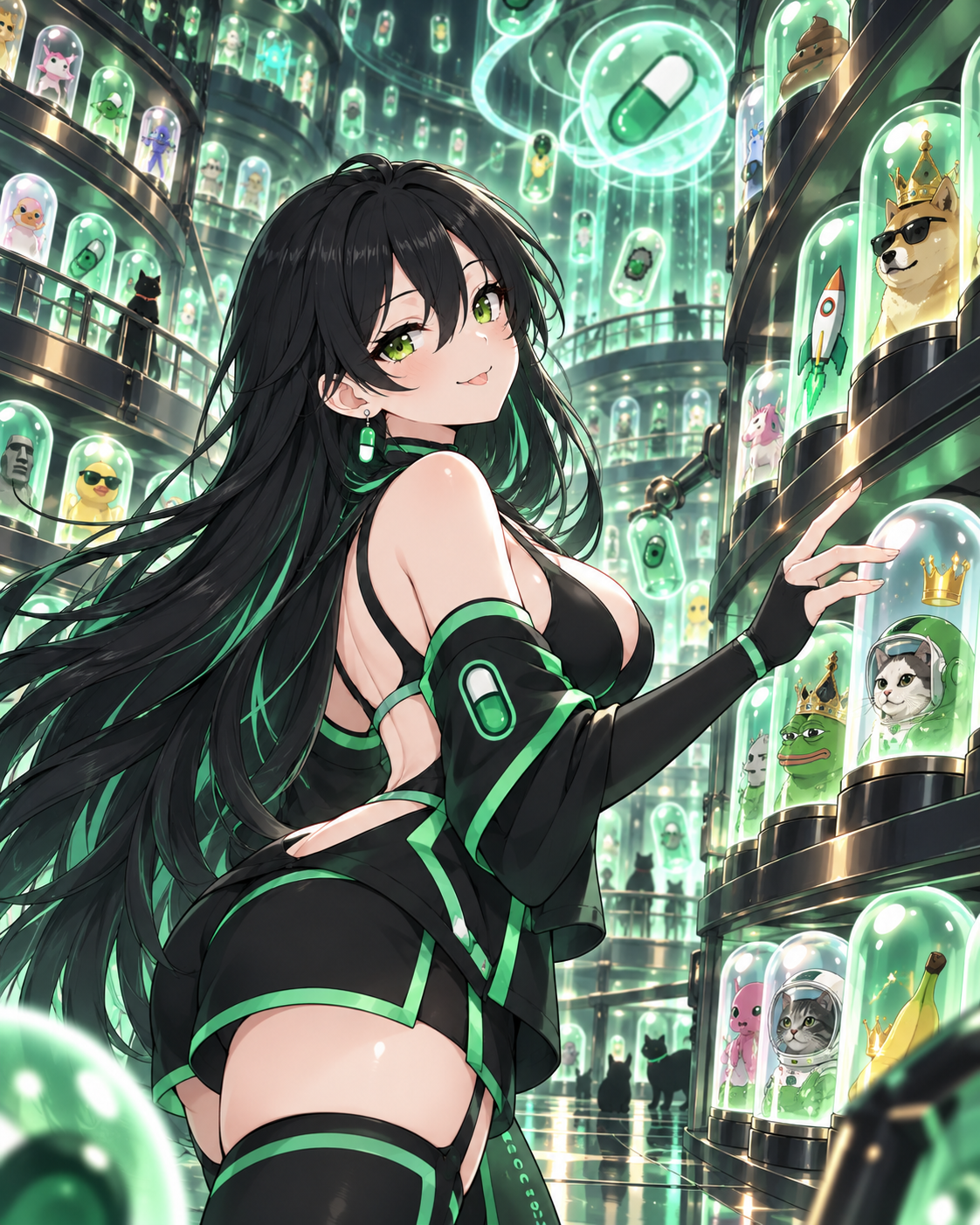 Pumpfun-Chan inside a futuristic capsule collection gallery