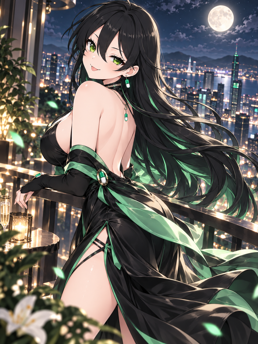 Pumpfun-Chan on a moonlit balcony above the harbor