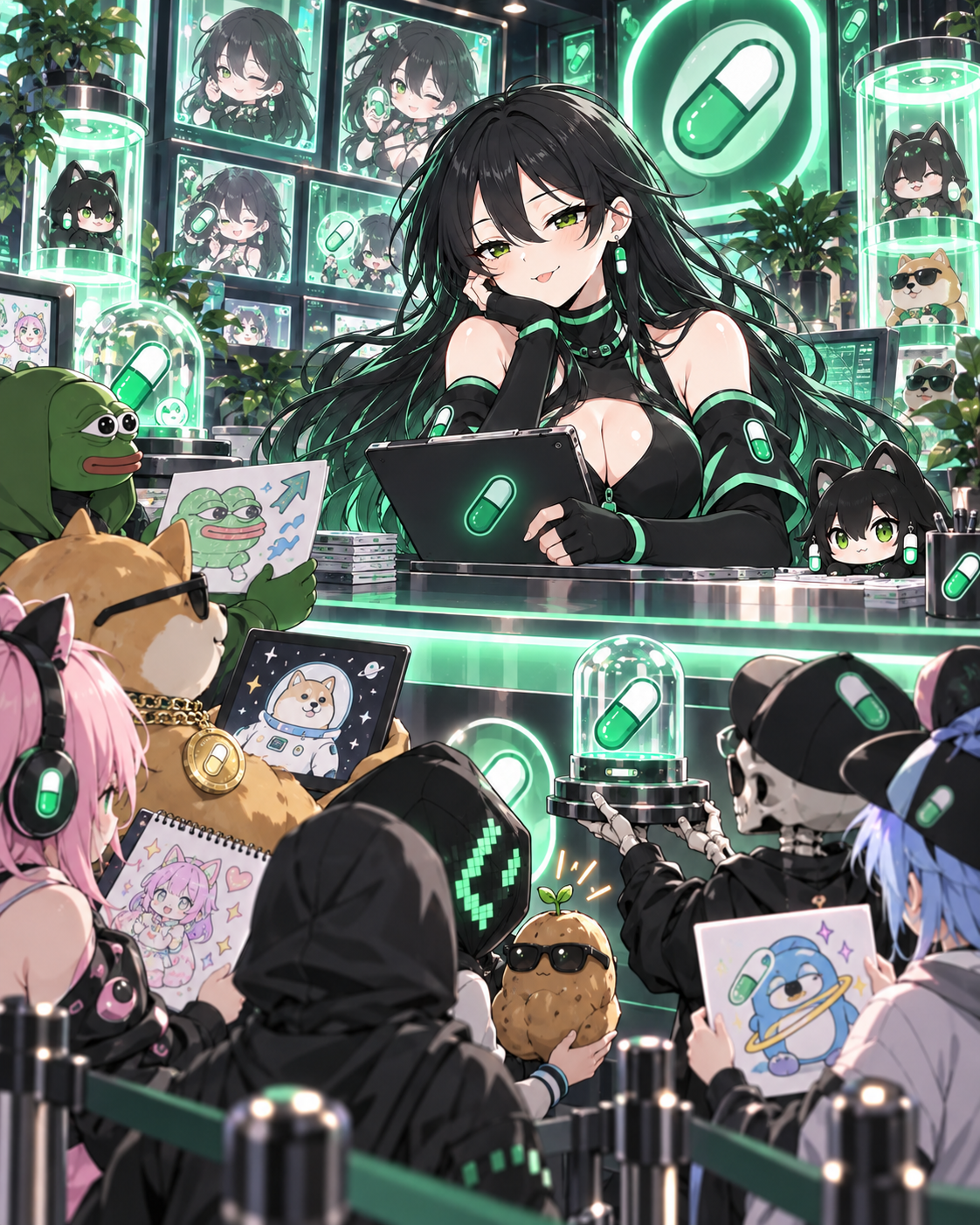 Pumpfun-Chan reviewing artwork with a crowd of capsule community creators