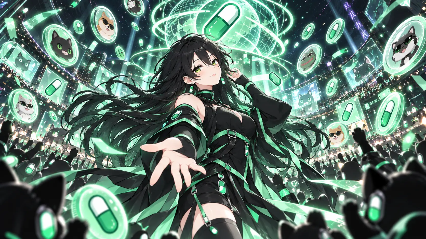 Pumpfun-Chan reaching toward the crowd beneath a glowing capsule globe